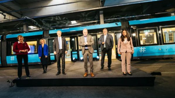 Marianne Borgen, Ms Birte Sjule, Mr Cato Hellesjø, Mr Bernt Reitan Jenssen, and Ms Lan Marie Berg unveil the new Caf Urbos 100 SL18 trams