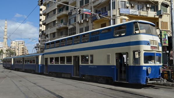 Blue tram on Raml Line in Alexandria, Egypt